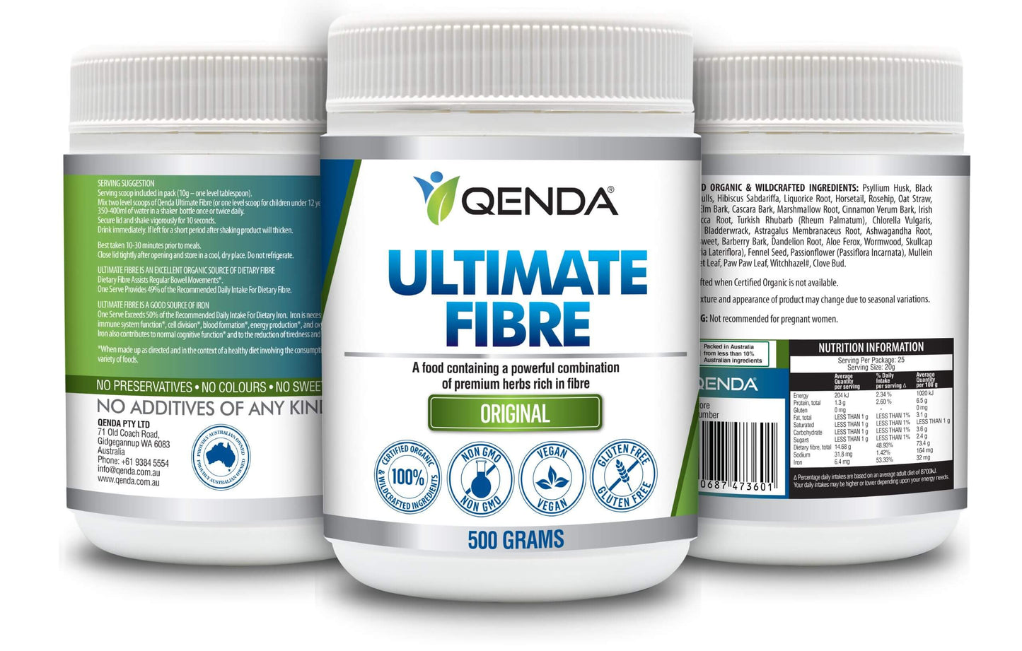 Three bottles of Qenda Ultimate Fibre – Original 500g on a white background