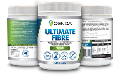 Three bottles of Qenda Ultimate Fibre – Original 500g on a white background