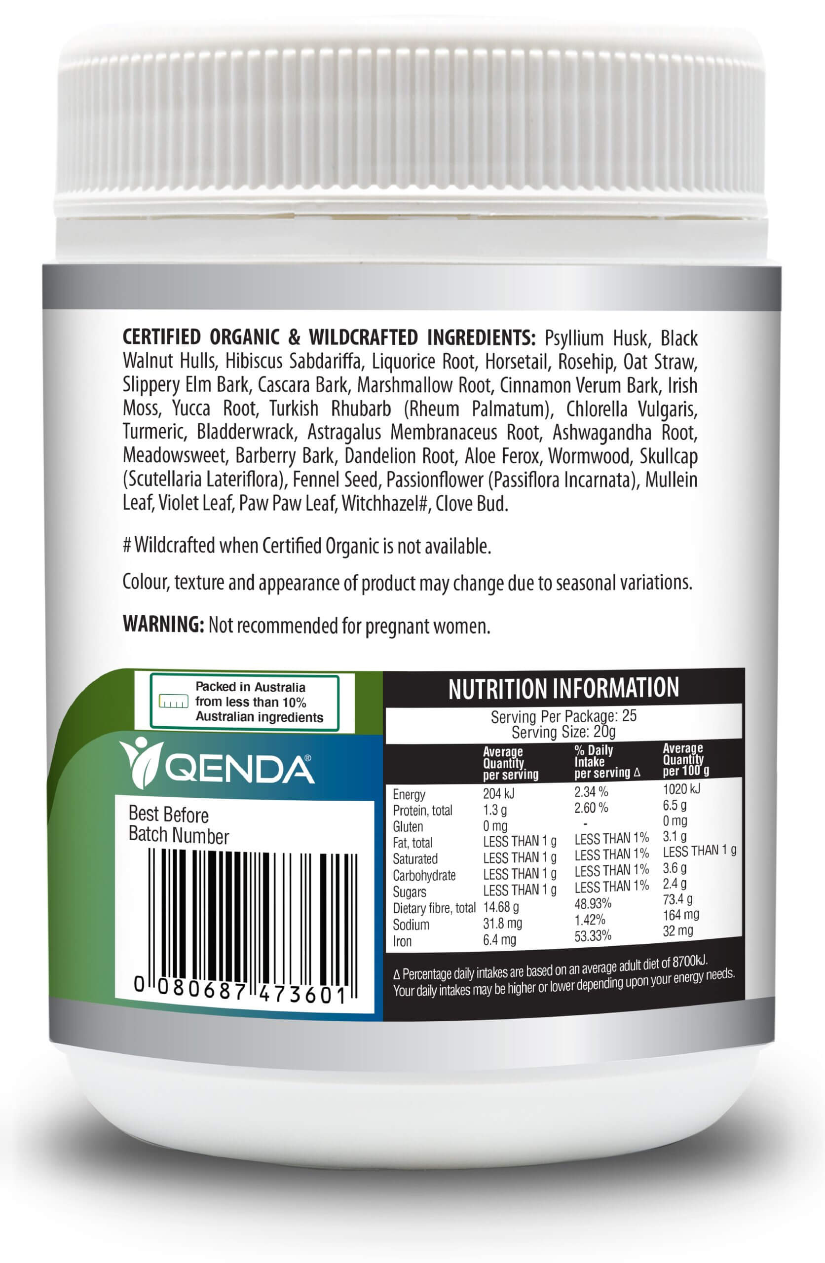 Back label of Qenda Ultimate Fibre – Original 500g supplement container with ingredients list and nutrition information.