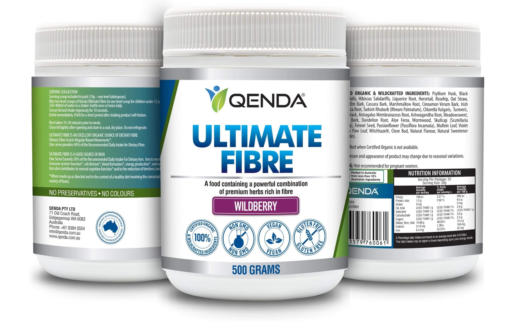 Three containers of Qenda Ultimate Fibre – Wildberry 500g supplement on a white background
