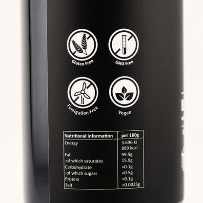 Black container with certification icons and nutritional information on a white background