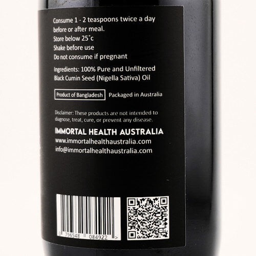 Bottle label with text and contact information on a black background