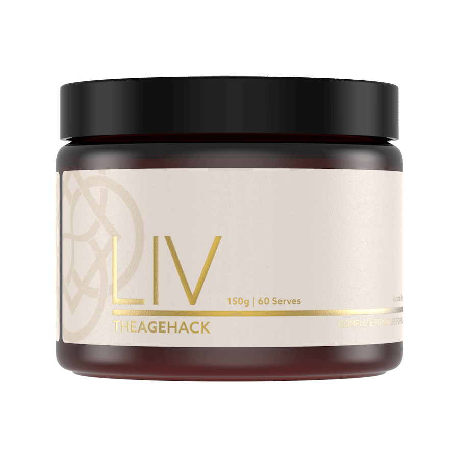 Jar of TheAgeHack LIV – Ultimate Age-Defying Formula on a black background