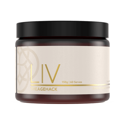 Jar of TheAgeHack LIV – Ultimate Age-Defying Formula on a black background