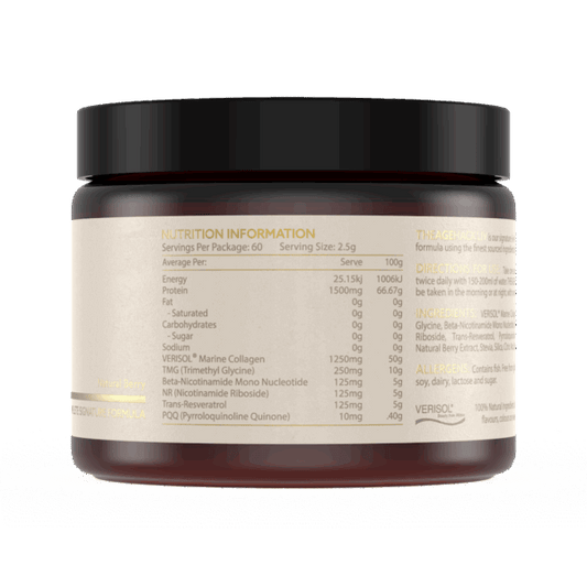 TheAgeHack LIV – Ultimate Age-Defying Formula jar with nutrition information label on a white background
