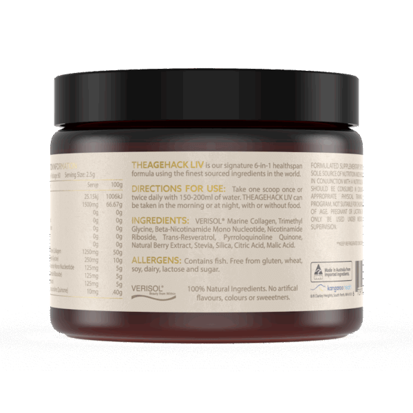 TheAgeHack LIV – Ultimate Age-Defying Formula jar with a label on a white background