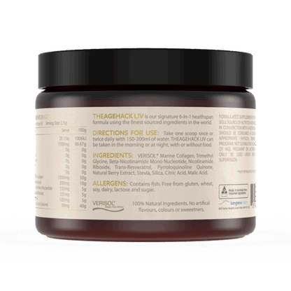 TheAgeHack LIV – Ultimate Age-Defying Formula jar with a label on a white background