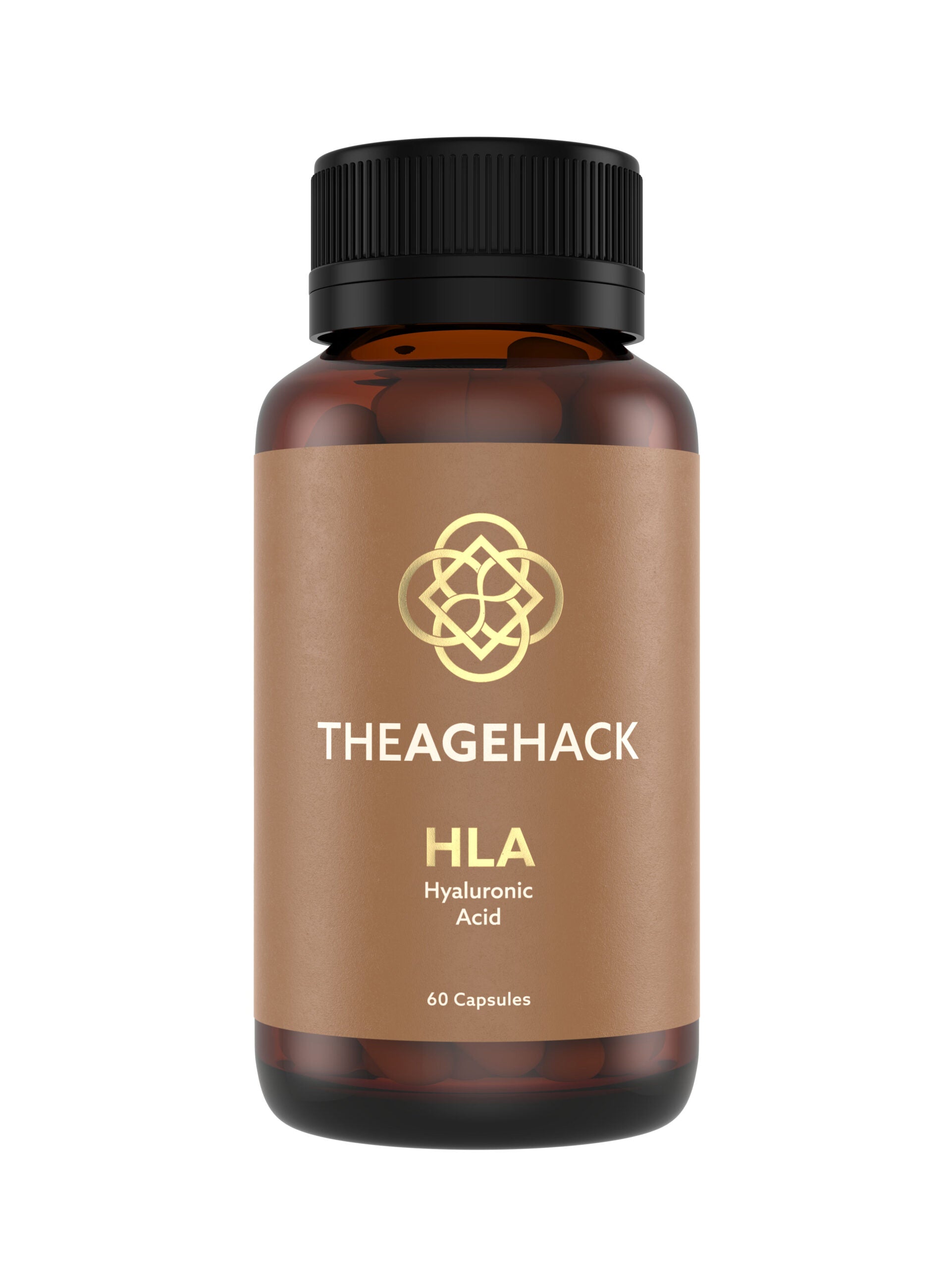 Bottle of TheAgeHack HLA 100mg Hyaluronic Acid capsules on a white background