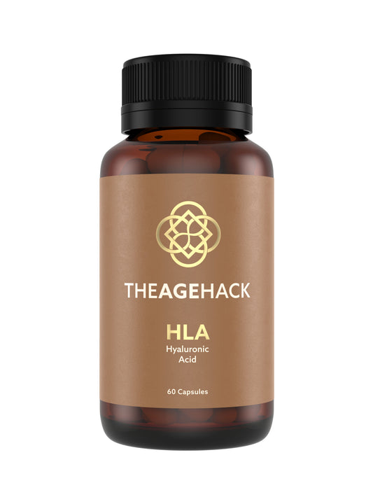 Bottle of TheAgeHack HLA 100mg Hyaluronic Acid capsules on a white background