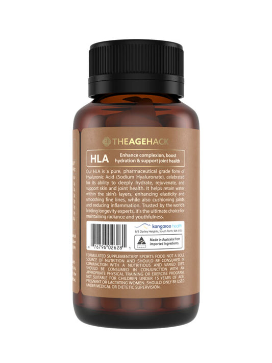 TheAgeHack HLA 100mg supplement bottle with black cap on a white background