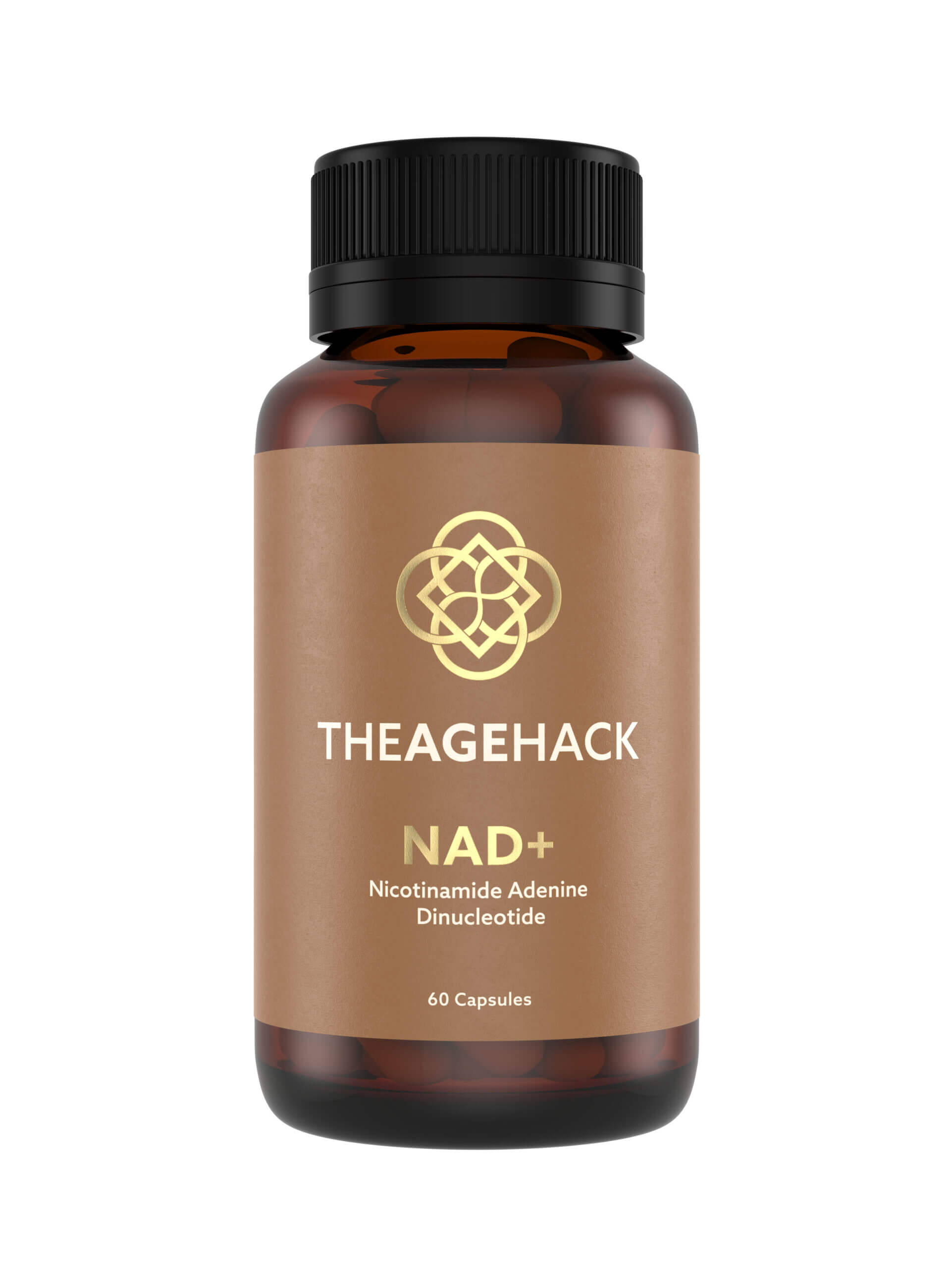 Bottle of TheAgeHack NAD+ 125mg supplement on a white background
