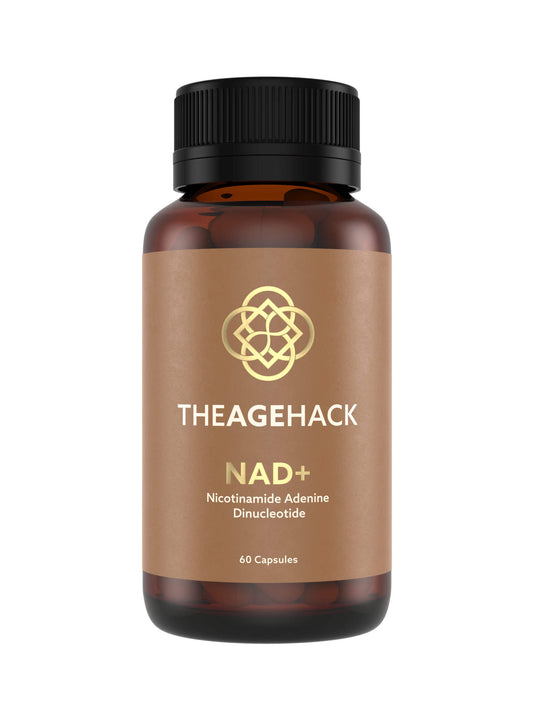 Bottle of TheAgeHack NAD+ 125mg supplement on a white background
