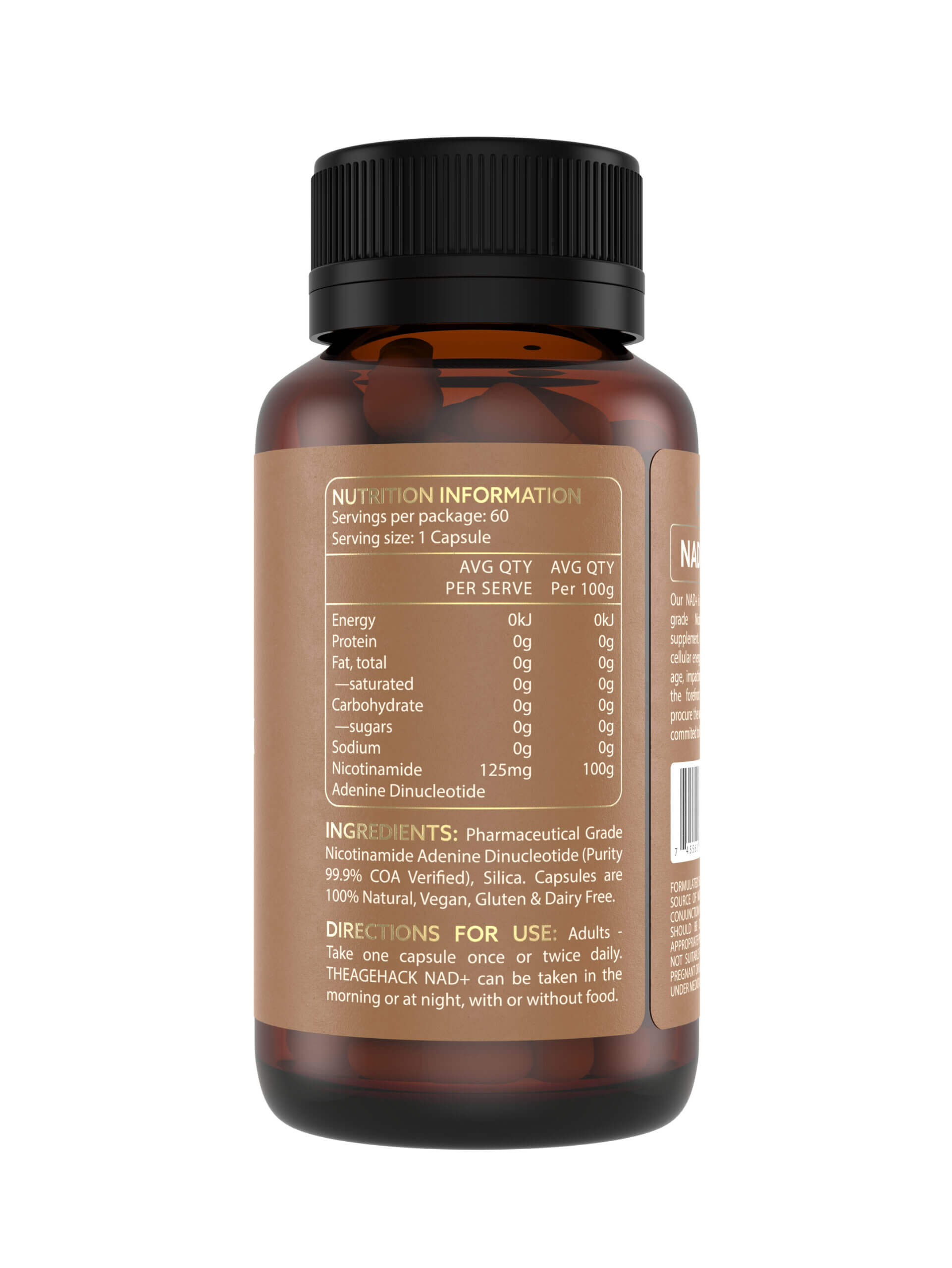 TheAgeHack NAD+ 125mg supplement bottle with black cap on a white background