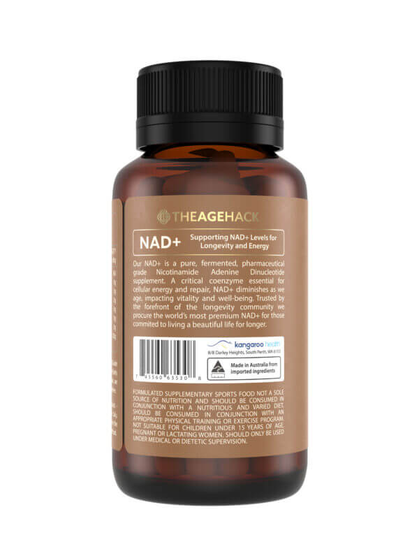 TheAgeHack NAD+ 125mg bottle with black cap on a white background