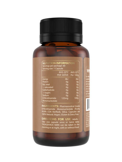 TheAgeHack NMN 125mg bottle with black cap on a white background