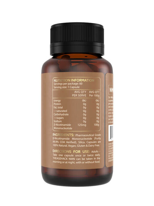 TheAgeHack NMN 125mg bottle with black cap on a white background