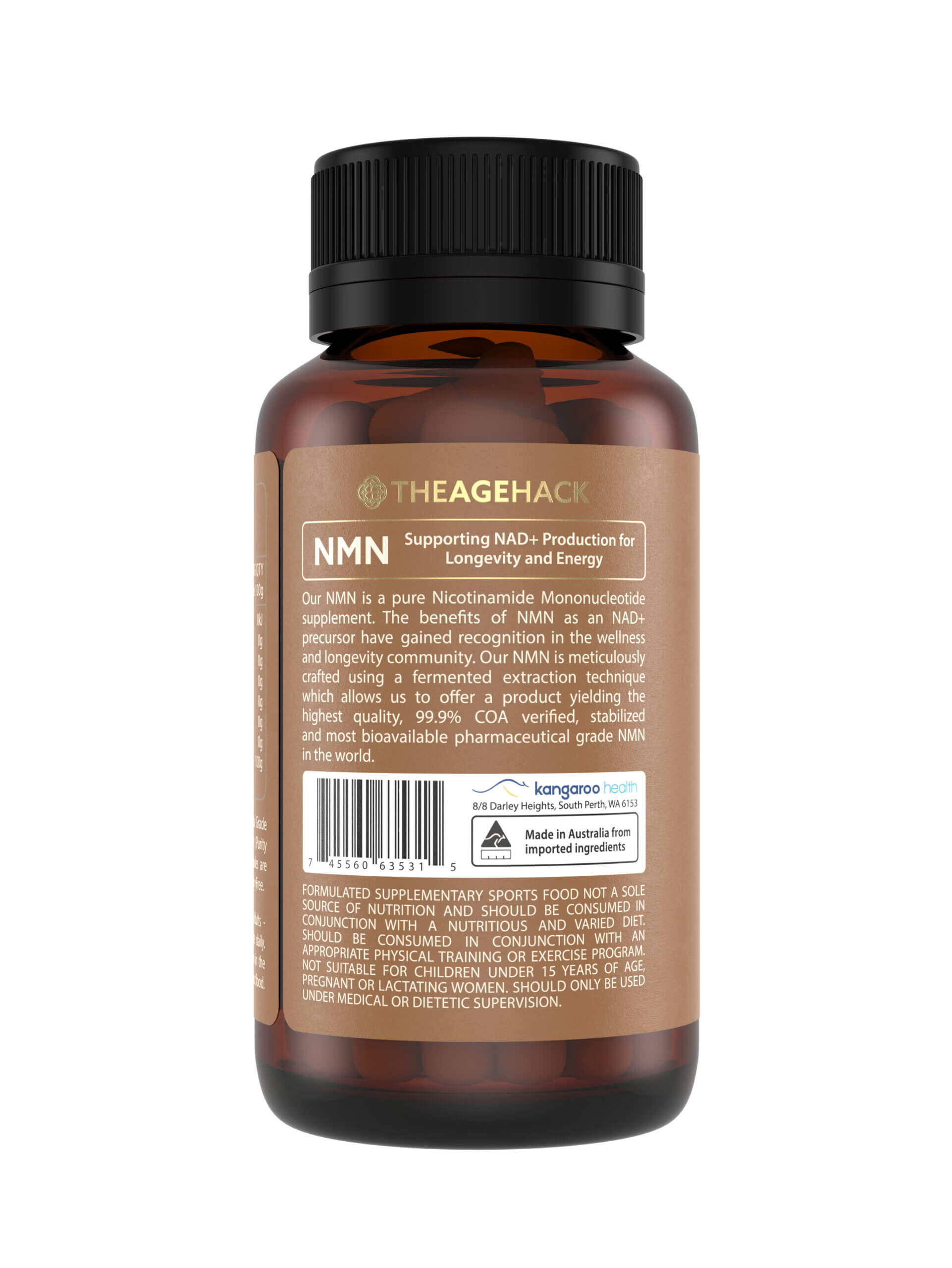TheAgeHack NMN 125mg bottle with black cap on a white background