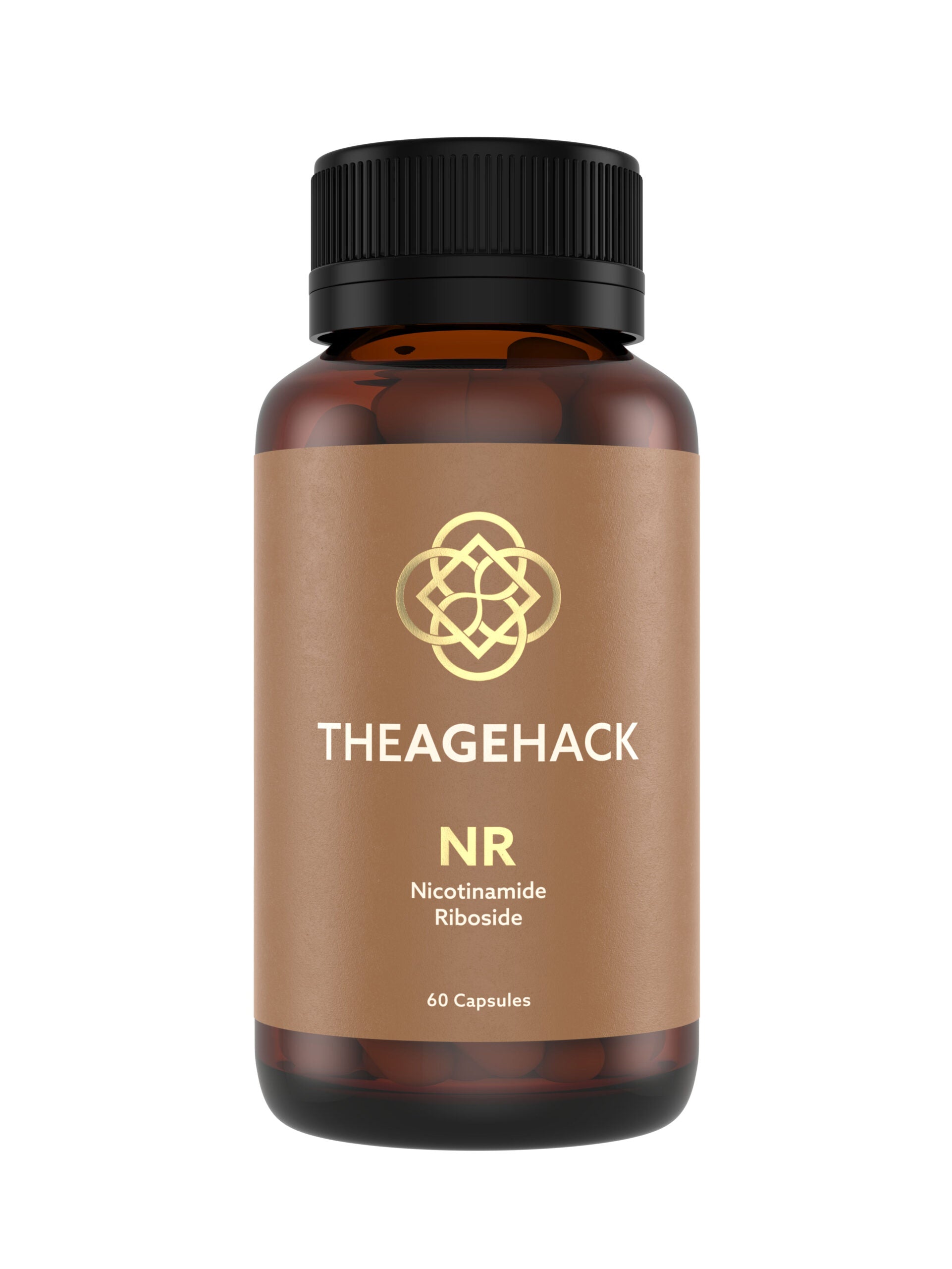 TheAgeHack NR 350mg – 60 Capsules Bottle supplement bottle with black cap labeled 'THEAGEHACK' on a white background