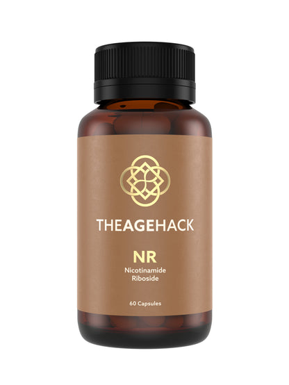TheAgeHack NR 350mg – 60 Capsules Bottle supplement bottle with black cap labeled 'THEAGEHACK' on a white background