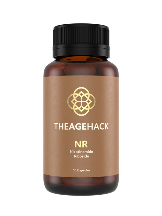TheAgeHack NR 350mg – 60 Capsules Bottle supplement bottle with black cap labeled 'THEAGEHACK' on a white background