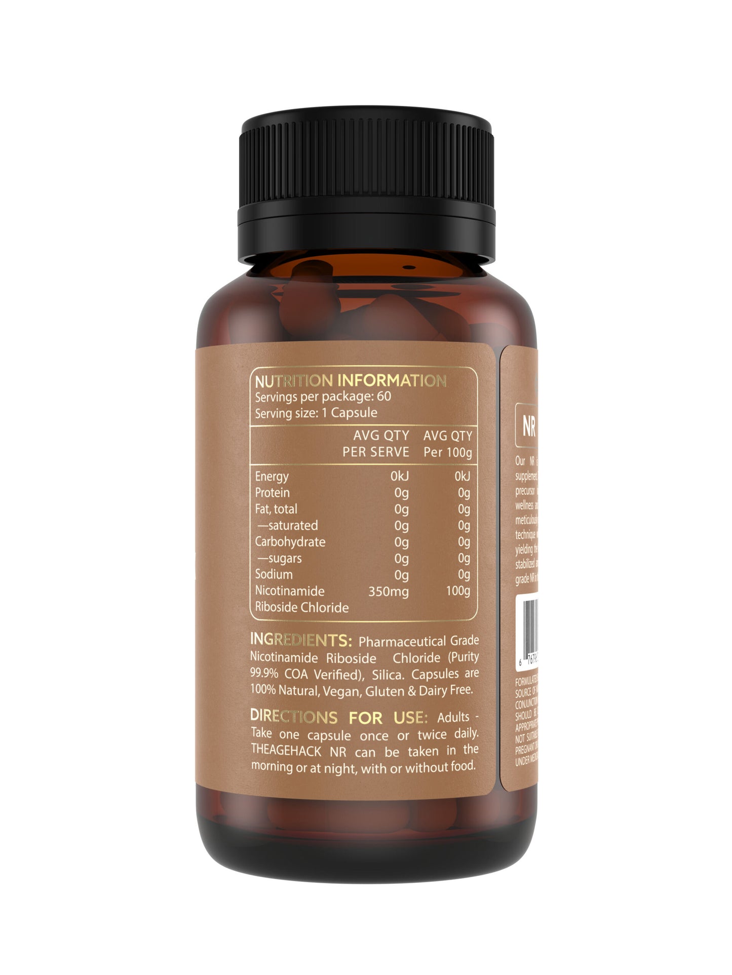 TheAgeHack NR 350mg – 60 Capsules Bottle supplement bottle with nutrition information label on a white background