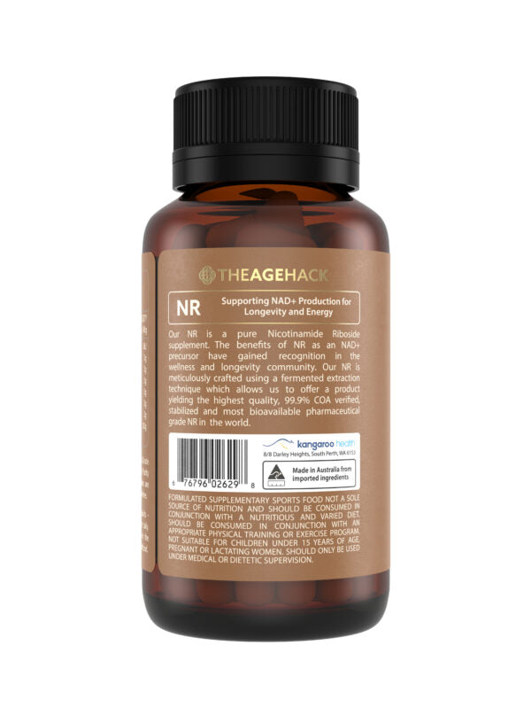 TheAgeHack NR 350mg – 60 Capsules Bottle supplement bottle with black cap on a white background