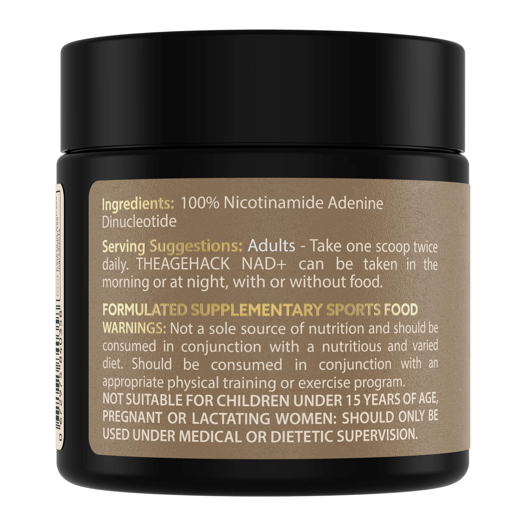 TheAgeHack NMN 125mg supplement jar with black lid and beige label on a white background