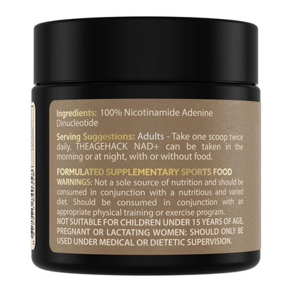 TheAgeHack NMN 125mg supplement jar with black lid and beige label on a white background