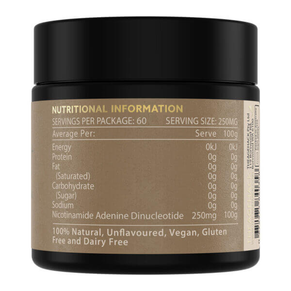 TheAgeHack NMN 125mg nutritional information label on a supplement container with a black lid.