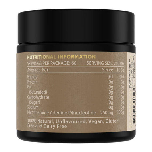 TheAgeHack NMN 125mg nutritional information label on a supplement container with a black lid.