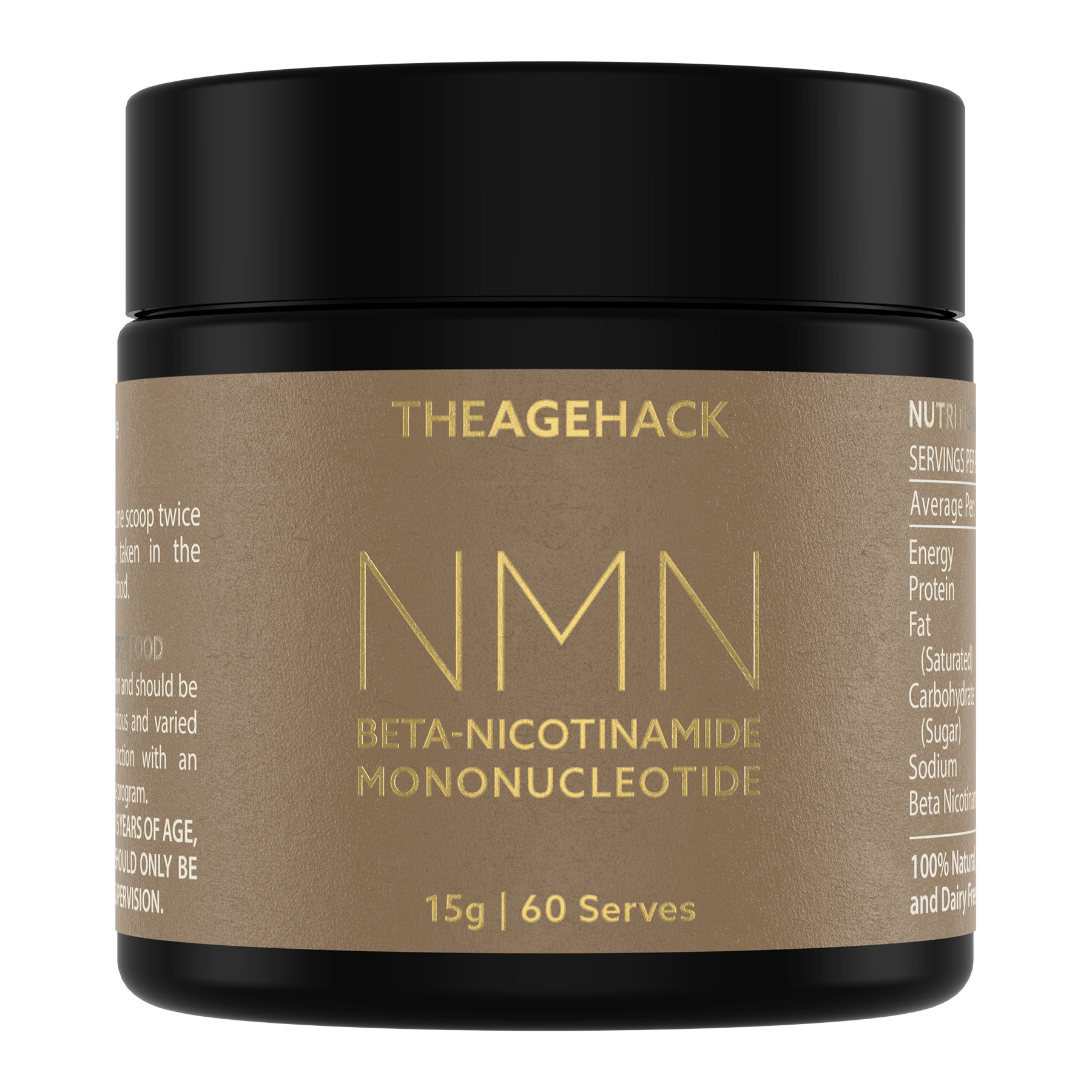 TheAgeHack NMN Powder 15g Container of The Age Hack NMN supplement with black lid and brown label.