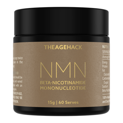 TheAgeHack NMN Powder 15g Container of The Age Hack NMN supplement with black lid and brown label.