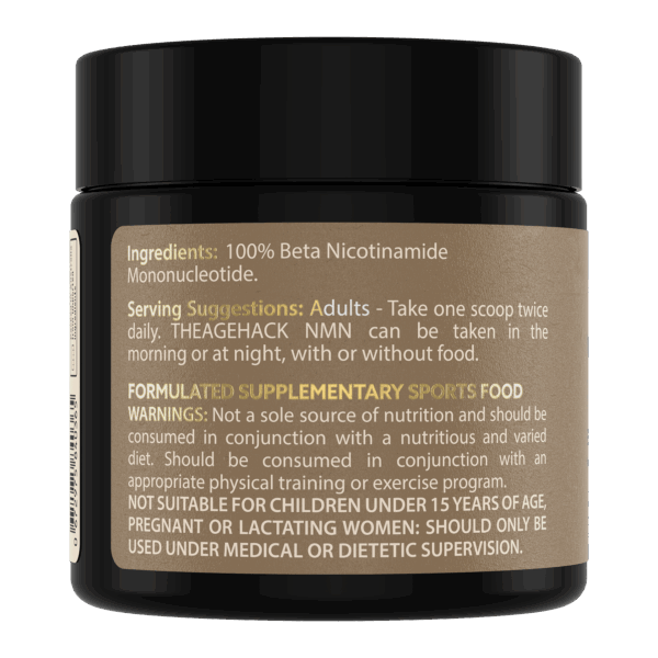 TheAgeHack NMN Powder 15g Supplement jar with black lid and beige label displaying ingredients and usage instructions.