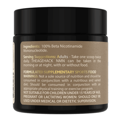 TheAgeHack NMN Powder 15g Supplement jar with black lid and beige label displaying ingredients and usage instructions.