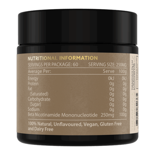 TheAgeHack NMN Powder 15g Nutritional information label on a supplement container with a black lid.